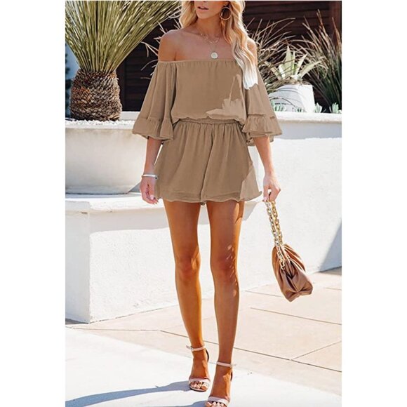 Boho Khaki Ruffle Off Shoulder Short Sleeve Romper Jumpsuit Playsuit One Piece - Picture 2 of 6